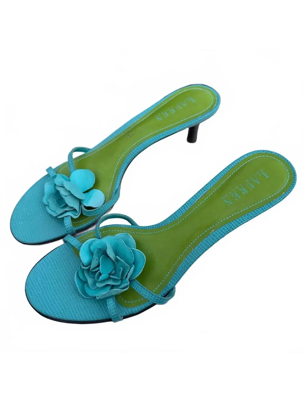 Lauren Ralph Lauren Jasmin 9.5B Blue Floral Applique Kitten Heel Sandals